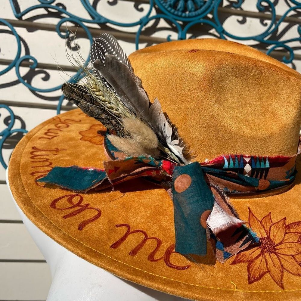 Hand Burned Hat | Wide Brim Hat | Branded Hat | wildflowers faux suede hat | Don - Picture 8 of 9